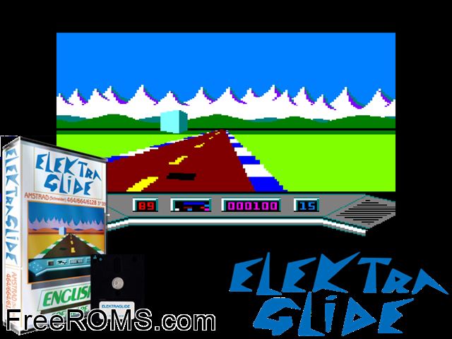 Elektra Glide (UK) (1986) [a1] Amstrad CPC game showing 3D box cover and gameplay screenshot